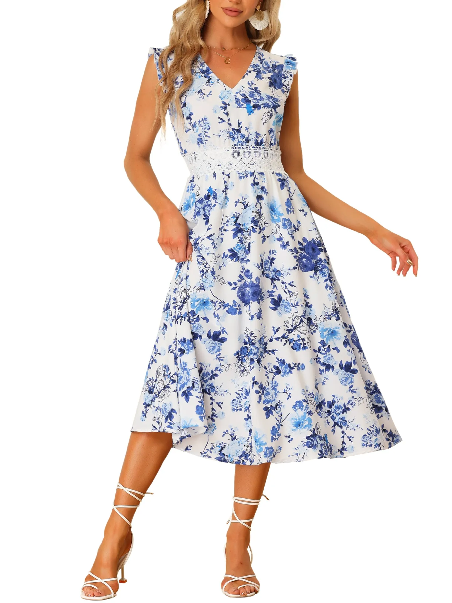 Boho Chic V Neck Lace Insert Waist Midi Floral Sundress