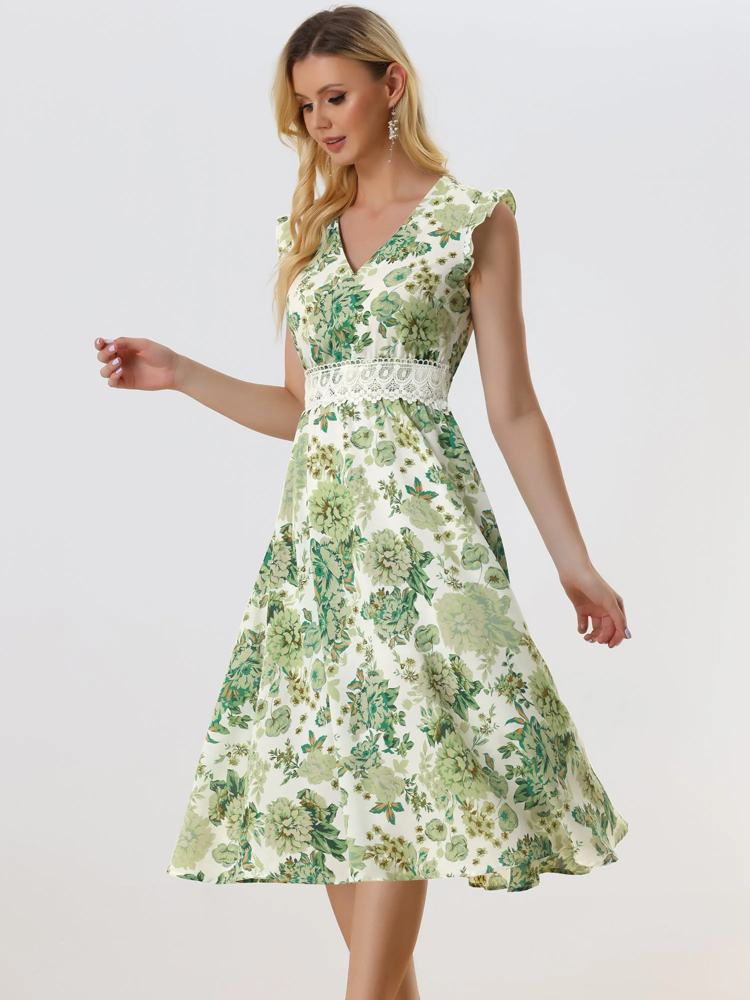 Boho Chic V Neck Lace Insert Waist Midi Floral Sundress