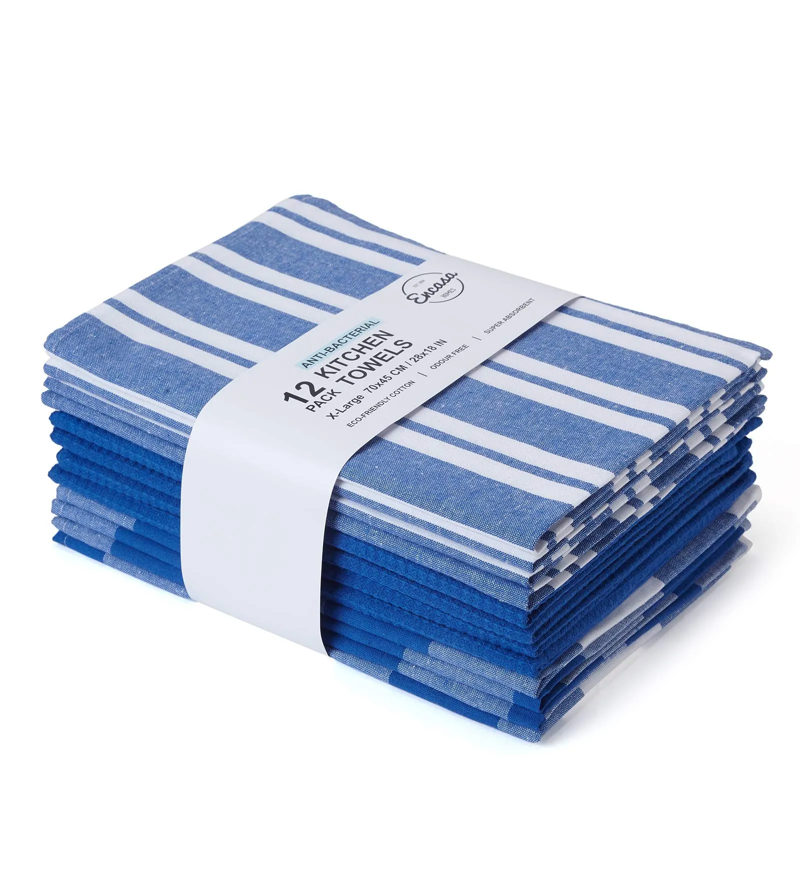 Encasa Homes Anti-Bacterial Kitchen Dish Towels X-Large 18 x 28 inch (12pc Set Waffle, Stripe, Check) Eco-Friendly Cotton, Highly Absorbent Teatowel for Quick Cleaning, Drying Plates & Glasses - Grey