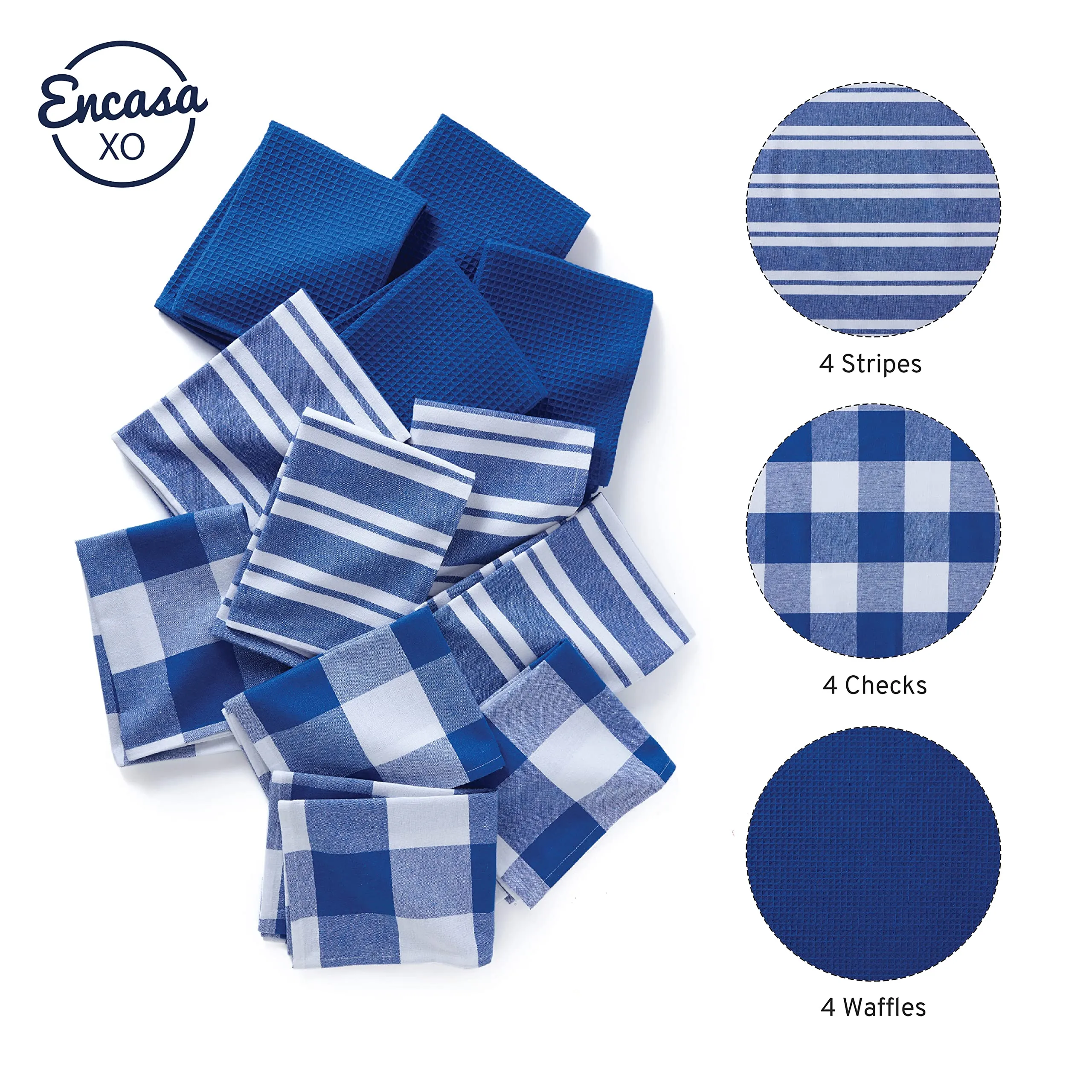 Encasa Homes Anti-Bacterial Kitchen Dish Towels X-Large 18 x 28 inch (12pc Set Waffle, Stripe, Check) Eco-Friendly Cotton, Highly Absorbent Teatowel for Quick Cleaning, Drying Plates & Glasses - Grey
