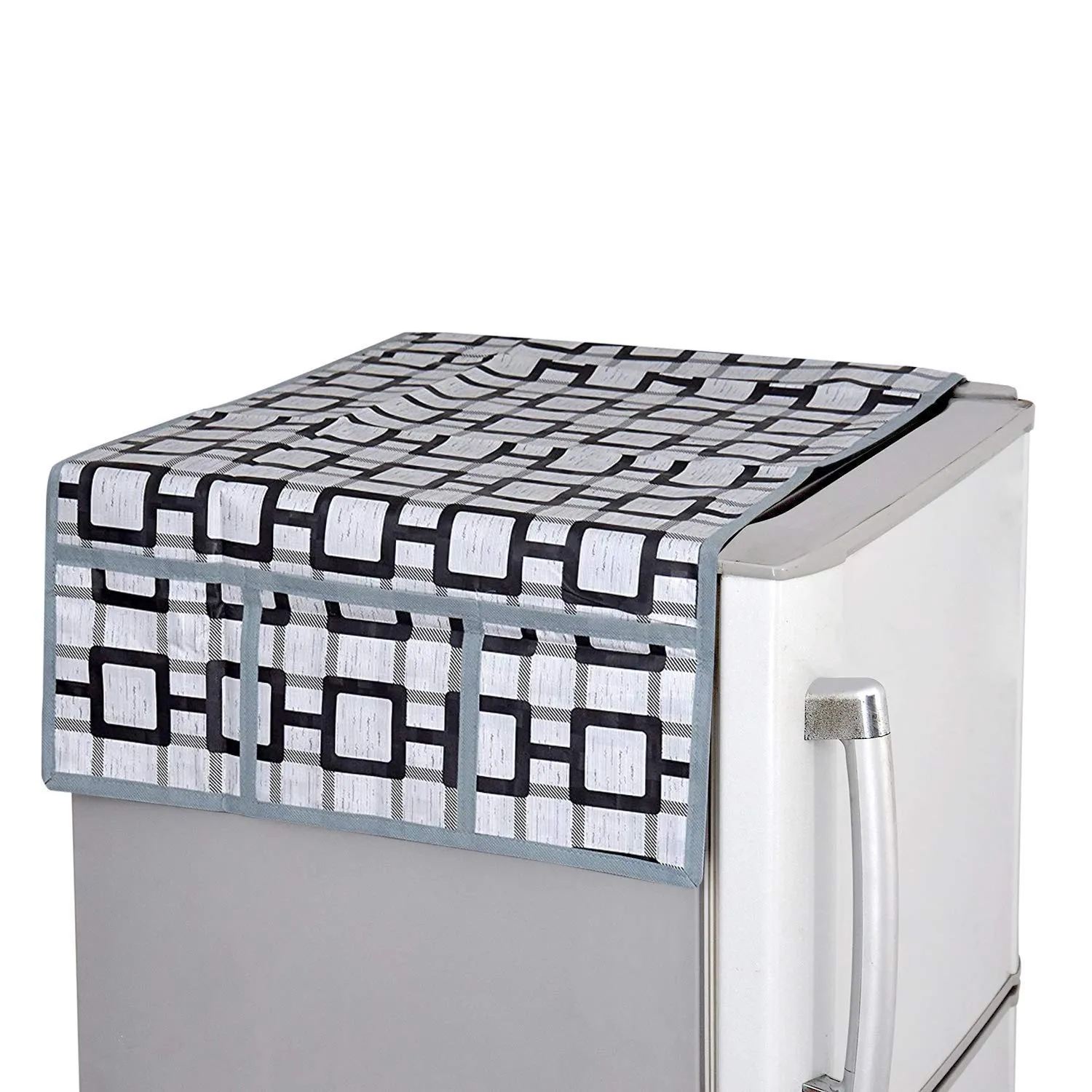 Kuber Industries Checked Design Combo PVC 3 Pieces Fridge Mats, 2 Piece Handle Cover and 1 Piece Fridge Top Cover(Grey)